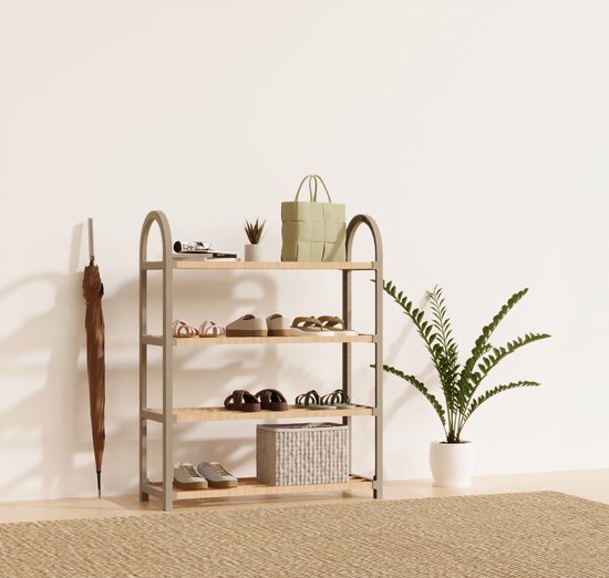 Fixwood Schoenenrek 4 Lagen – Beige - Ruimtebesparend Schoenenkast – Modern Design – Voor 12+ Paar Schoenen – Opbergsysteem Schoenenrek Hal, Slaapkamer of Woonkamer