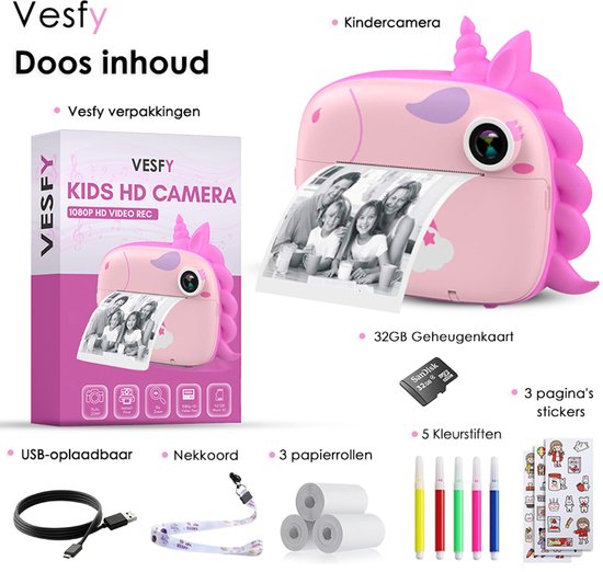 Vesfy Kindercamera met printer - 1080P HD - 32GB - USB Oplaadbaar - 3 tot 14 jaar