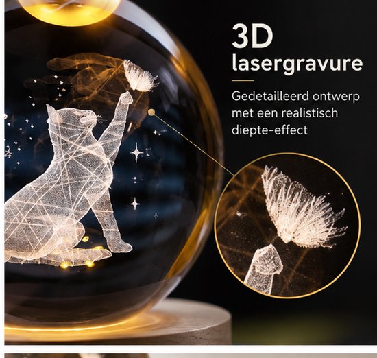 DMG Supply 3D Kristallen Bol Lamp - USB Oplaadbaar - LED Lamp - Nachtlamp - Tafellamp - Bureaulamp