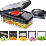 Groentesnijder Set met Opvangbak 750 ml – Mandoline Snijder – Groente Hakker – Uiensnijder – Blokjessnijder – Julienne Snijder – Groente Rasp – Keuken Mandoline met 5 RVS Messen