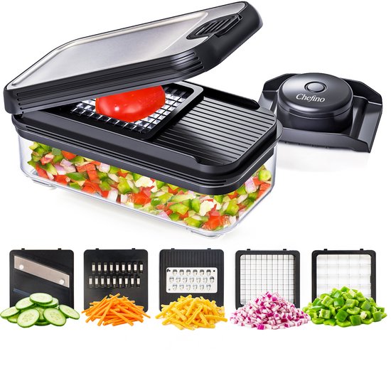 Groentesnijder Set met Opvangbak 750 ml – Mandoline Snijder – Groente Hakker – Uiensnijder – Blokjessnijder – Julienne Snijder – Groente Rasp – Keuken Mandoline met 5 RVS Messen