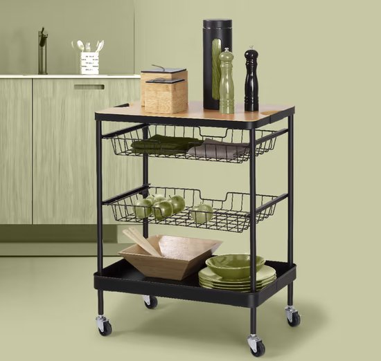 Serveerwagen met 3 opbergvakken en plateau 40x60x79 cm - Zwart