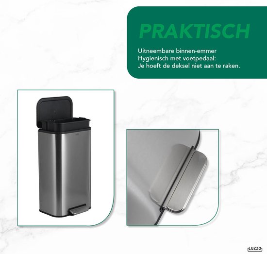 Luzzo® Nevada Pedaalemmer 30 liter - Prullenbak Mat RVS