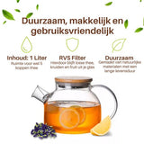 GREENKY® Glazen theepot met filter en bamboe deksel- Theekan - Duurzaam - Filter - Theehouder - Theeglas - Fruitkan - Schenkkan - Teapot - 1Liter - 1000ml