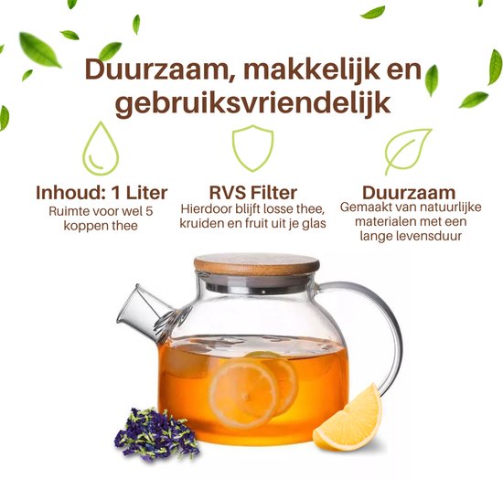 GREENKY® Glazen theepot met filter en bamboe deksel- Theekan - Duurzaam - Filter - Theehouder - Theeglas - Fruitkan - Schenkkan - Teapot - 1Liter - 1000ml
