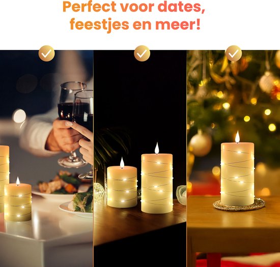 NovaWare LED Kaarsen met Bewegende Vlam - Set van 3 - Kaarsen op batterijen met afstandsbediening – Elektrische Kaarsen - Flikkerende vlam - Oplaadbaar - Timer en Dimfunctie - Ivoor