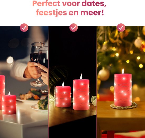 NovaWare LED Kaarsen met Bewegende Vlam - Set van 3 - Kaarsen op batterijen met afstandsbediening – Elektrische Kaarsen - Flikkerende vlam - Oplaadbaar - Timer en Dimfunctie - Rood