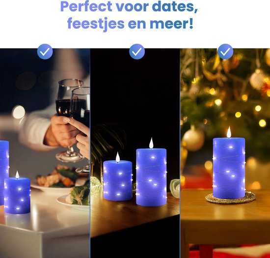 NovaWare LED Kaarsen met Bewegende Vlam - Set van 3 - Kaarsen op batterijen met afstandsbediening – Elektrische Kaarsen - Flikkerende vlam - Oplaadbaar - Timer en Dimfunctie - Blauw