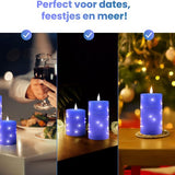 NovaWare LED Kaarsen met Bewegende Vlam - Set van 3 - Kaarsen op batterijen met afstandsbediening – Elektrische Kaarsen - Flikkerende vlam - Oplaadbaar - Timer en Dimfunctie - Blauw