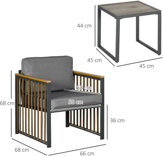 Tuinset, 3-delig, inclusief zitkussen, houtdecor, roestvrij metalen frame, Grijs
