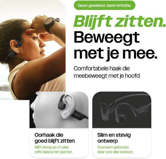 REBØNE® Core Bone Conduction Headphone – Draadloze oordopjes - Sport Oortjes Draadloos – Open Ear Hardloop Oordopjes – Bluetooth – 9 uur speeltijd – IPX5 – Zwart