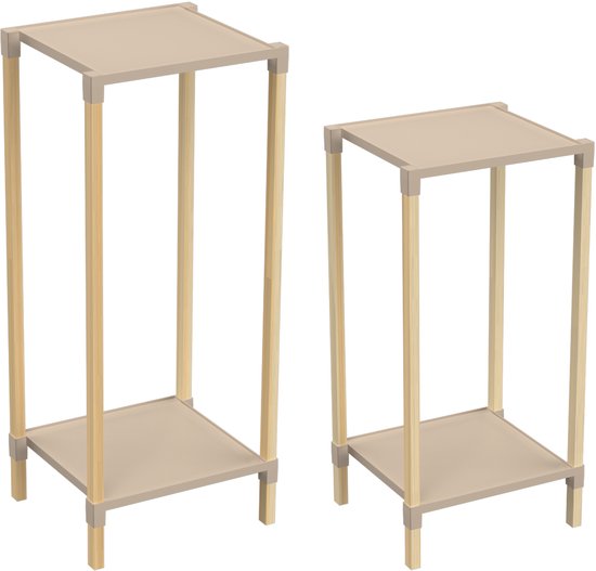 Fixwood 2-Tier Plantenstandaard – Set van 2 Bloemenrekken – Houten Bloemenstandaard voor Binnen & Buiten – Decoratieve Plantentafel – 50 & 60 cm Hoog – Beige-Natuur