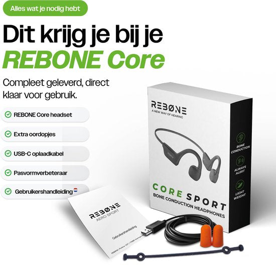 REBØNE® Core Bone Conduction Headphone – Draadloze oordopjes - Sport Oortjes Draadloos – Open Ear Hardloop Oordopjes – Bluetooth – 9 uur speeltijd – IPX5 – Zwart