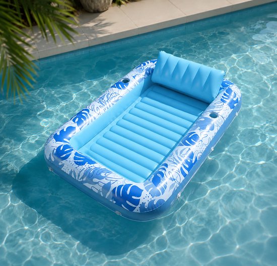 Opblaasbaar Tanning Bed – Opblaasbaar Ligbad voor Zonnen & Relaxen – Waterhangmat met Hoofdkussen en Bekerhouders – Drijvend Luchtbed Zwembad – 177,8 x 116,8 cm - Tanning Pool