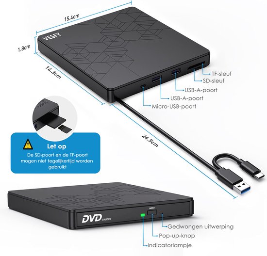 Vesfy Externe DVD-CD Speler en Brander - Compatibel met Windows, Mac en Linux - USB 3.0 Hoge Snelheid