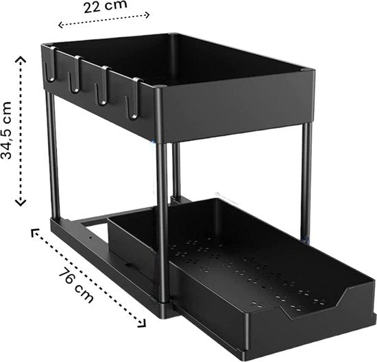Gootsteenkast Organizer - 2 laags - 76 x 34,5 x 22 cm - Keukenkast Organizer - Zwart - Uitrekbaar