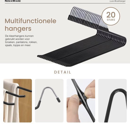 Luxe Broekhanger – 20 stuks – Metalen Kledinghangers – Kledingkast Organizer – Kleerhangers – Ruimtebesparende Broekhangers – Anti-slip - Zwart