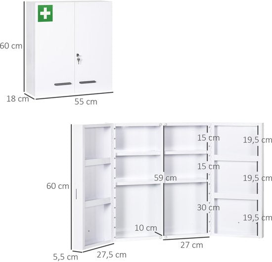 4goodz Medicijnkastje 2 deurs EHBO-kastje met slot RVS 18x55x60 cm - Wit