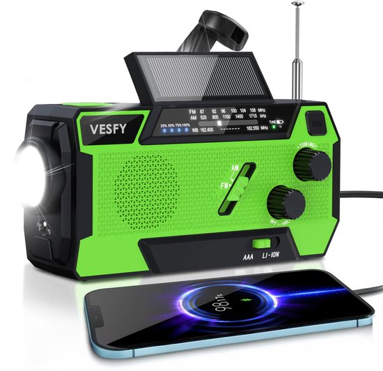 Vesfy Noodradio Solar Opwindbaar - Oplaadbaar & Batterijen - 7400mWh - LED Zaklamp - AM-FM Radio - Draagbare Radio voor Noodpakket