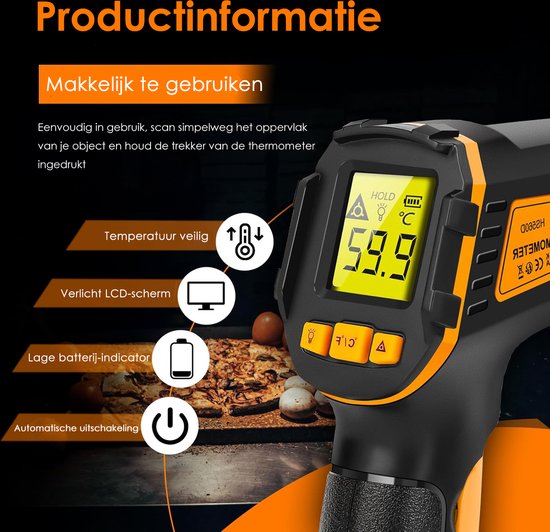 Vesfy Digitale Infrarood Thermometer - Bereik -50 t-m +490 °C - IR Thermometer - Warmtemeter - Vleesthermometer