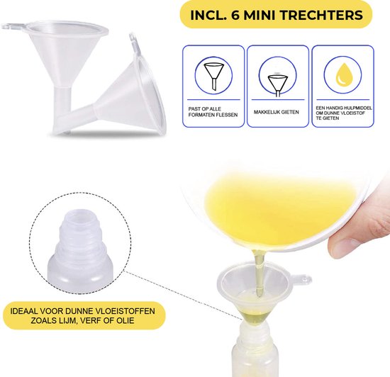 24ME® - Set van 6 Navulbare Lijmflesjes met Naaldpunt Incl. 6 Trechters - 5ML