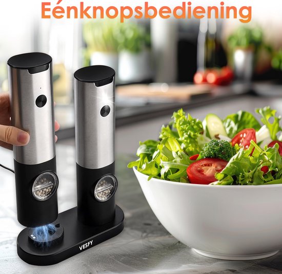 Vesfy Elektrische Peper en Zoutmolen Set - USB Oplaadbaar met Laadstation - XXL - Instelbare Maalgraad - LED Licht - BBQ Accessoires - Pepermolen