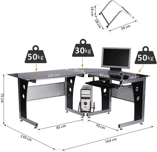 Hoekbureau - PC-tafel L-vormig met Veiligheidsglas - 164x139x75 cm
