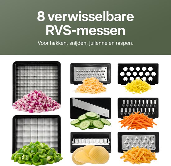 Mandoline Groentesnijder Set met Opvangbak – Groentehakker – Blokjessnijder – Julienne Snijder – Uiensnijder – RVS Messen – Groente Chopper met 8 Snijbladen – Keukensnijder