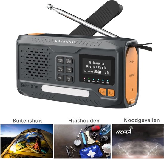 NovaWare® Noodradio Solar Opwindbaar - Powerbank Zonneenergie met 4500mAh - DAB+-FM - Noodpakket - Bluetooth speaker - Draagbare Radio – Oplaadbaar & Op Batterijen - Grijs