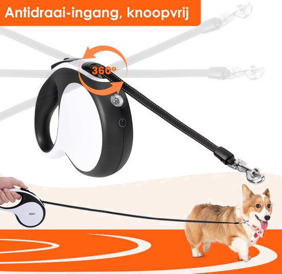 Vesfy Hondenriem 5 Meter met LED Lamp - Automatische Rollijn tot 50kg - Oplaadbaar - Voor Grote en Kleine Honden
