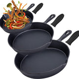 Gietijzeren Koekenpan Set 3-delig – Skillet Set Ø16, Ø19,5 & Ø24,5 cm – Pre-seasoned Gietijzer – Geschikt voor Inductie, Gas, Oven & BBQ – Inclusief Siliconen Handgrepen