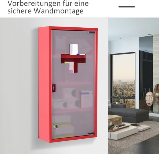 4goodz Medicijnkastje EHBO-kastje met slot RVS 12x30x60 cm - Rood