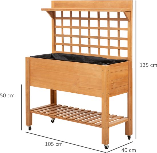 Verhoogde Plantenbak Hout op Wielen met klimrek - 45x105x135 cm