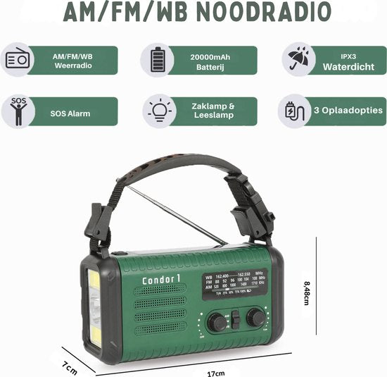 NovaWare NoodRadio Solar Opwindbaar - FM-AM - Powerbank Zonneenergie met 20.000mAh - Survival Noodpakket - Draagbare Radio op batterijen – Groen