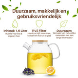 GREENKY® Glazen theepot met filter en bamboe deksel- Theekan - Duurzaam - Filter - Theehouder - Theeglas - Fruitkan - Schenkkan - Teapot - 1,6Liter - 1600ml