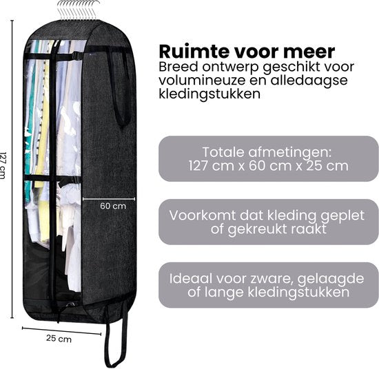 Kledinghoes met Hanger – Opvouwbare Kleding Organizer – Kleding Opbergzak met Rits & Venster – Kleding Transporthoes – Geschikt voor Verhuizen & Reizen – 127 x 60 x 25 cm – Zwart