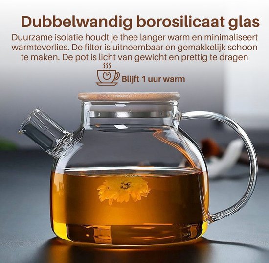 GREENKY® Glazen theepot met filter en bamboe deksel- Theekan - Duurzaam - Filter - Theehouder - Theeglas - Fruitkan - Schenkkan - Teapot - 1Liter - 1000ml