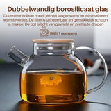 GREENKY® Glazen theepot met filter en bamboe deksel- Theekan - Duurzaam - Filter - Theehouder - Theeglas - Fruitkan - Schenkkan - Teapot - 1Liter - 1000ml