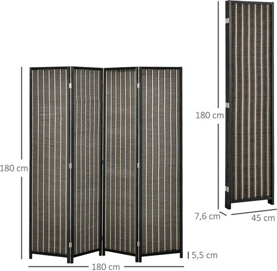 Kamerverdeler, Opvouwbaar, Grenenhout/Bamboe, 180 x 180 cm, Bruin/Zwart