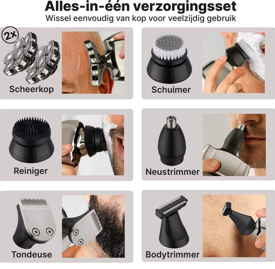 Carewat Glad Pro met extra scheerkop – 7-in-1 elektrisch scheerapparaat voor mannen – hoofd & baard scheren – nat & droog gebruik – waterdicht, draadloos en met LED display