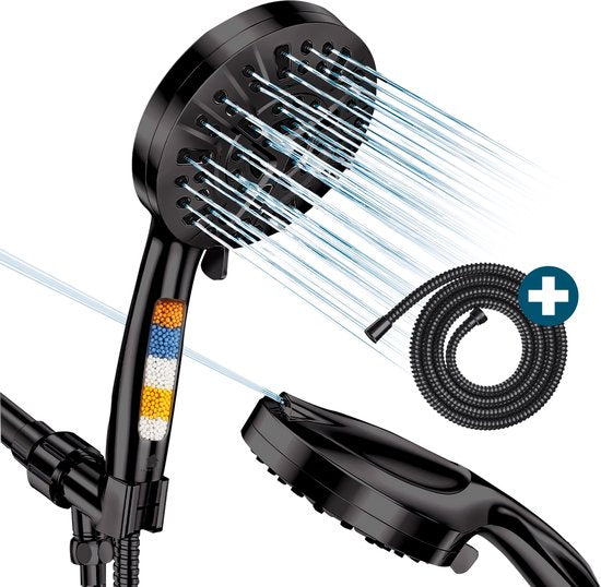 AKSA Home® Douchekop met Slang - Douchekop met Filter - 10 sproeistanden - Regendouche met Hoge Druk - Zwart
