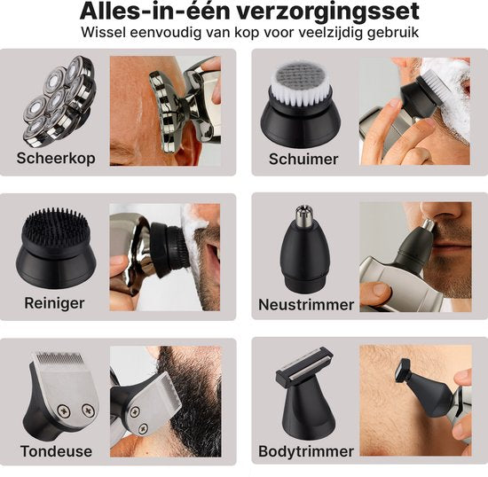 Carewat Glad Pro - Scheerapparaat Mannen - Elektrisch 6-in-1 - Hoofd & Gezicht - Nat & Droog - Trimmer & Tondeuse - Draadloos Opladen