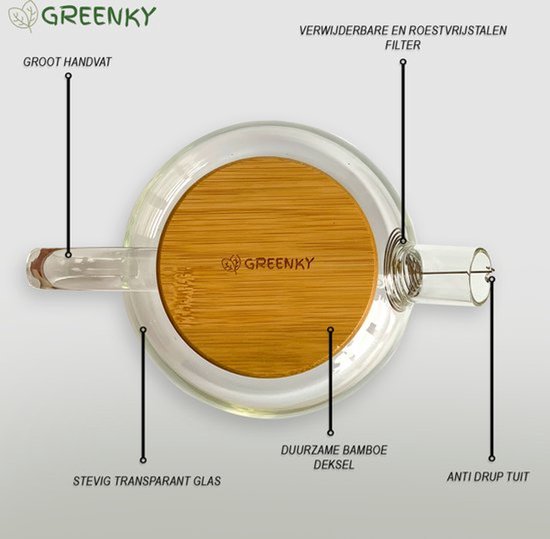 GREENKY® Glazen theepot met filter en bamboe deksel- Theekan - Duurzaam - Filter - Theehouder - Theeglas - Fruitkan - Schenkkan - Teapot - 1,6Liter - 1600ml