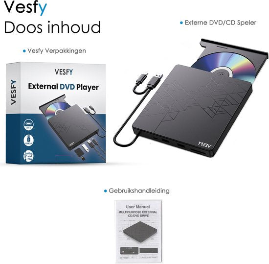 Vesfy Externe DVD-CD Speler en Brander - Compatibel met Windows, Mac en Linux - USB 3.0 Hoge Snelheid