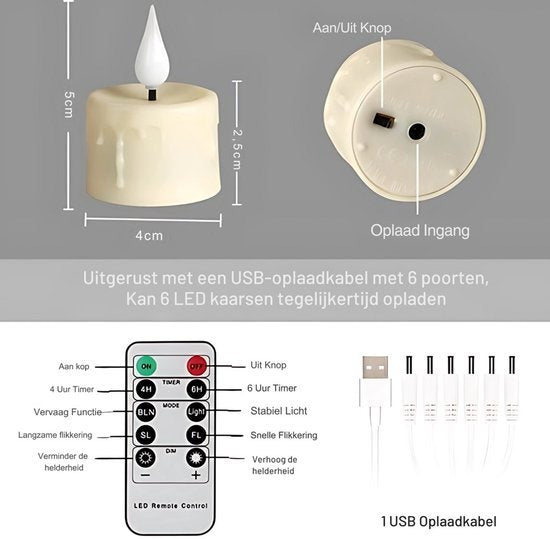 Oplaadbare Kaarsen met Afstandsbediening – LED Kaarsen met flikkerende vlam – Draadloos & Veilig – Theelichtjes – Oplaadbare Waxinelichtjes – Set van 6 - NovaWare