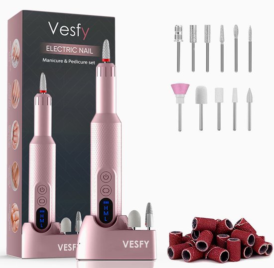 Elektrische Nagelvijl - 20.000 RPM - Draadloze & Oplaadbaar - 12 Bitjes + 36 Schuurrolletjes - Manicure & Pedicure Set - Nagelfrees - Voor BIAB, Gel & Acryl
