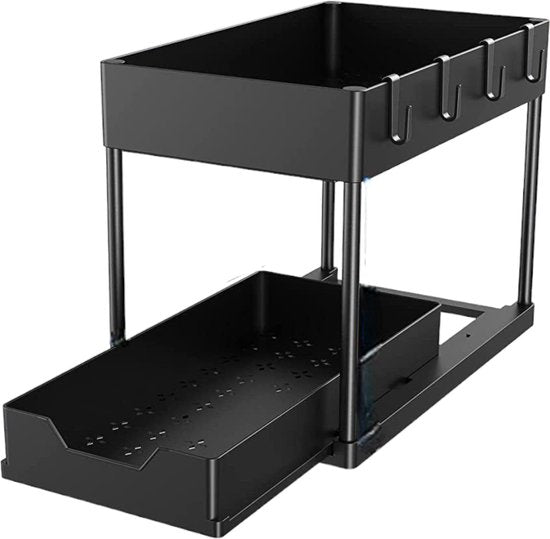Gootsteenkast Organizer - 2 laags - 76 x 34,5 x 22 cm - Keukenkast Organizer - Zwart - Uitrekbaar