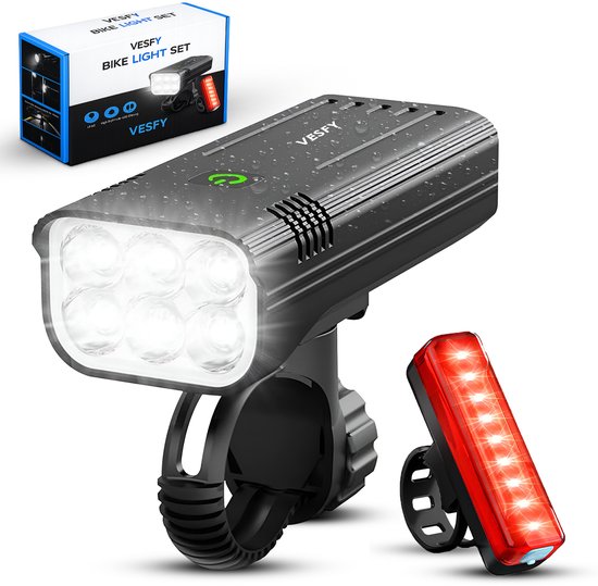 Vesfy Fietslampjes Set - Voorlicht & Achterlicht - USB Oplaadbaar - 1000 Lumen - Waterdicht IPX5 - Fietsverlichting voor Stadsfiets, MTB & Racefiets