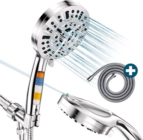 AKSA Home® Douchekop met Slang - Douchekop met Filter - 10 sproeistanden - Regendouche met Hoge Druk - Zilver