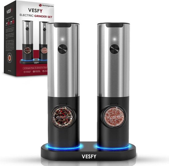 Vesfy Elektrische Peper en Zoutmolen Set - USB Oplaadbaar met Laadstation - XXL - Instelbare Maalgraad - LED Licht - BBQ Accessoires - Pepermolen
